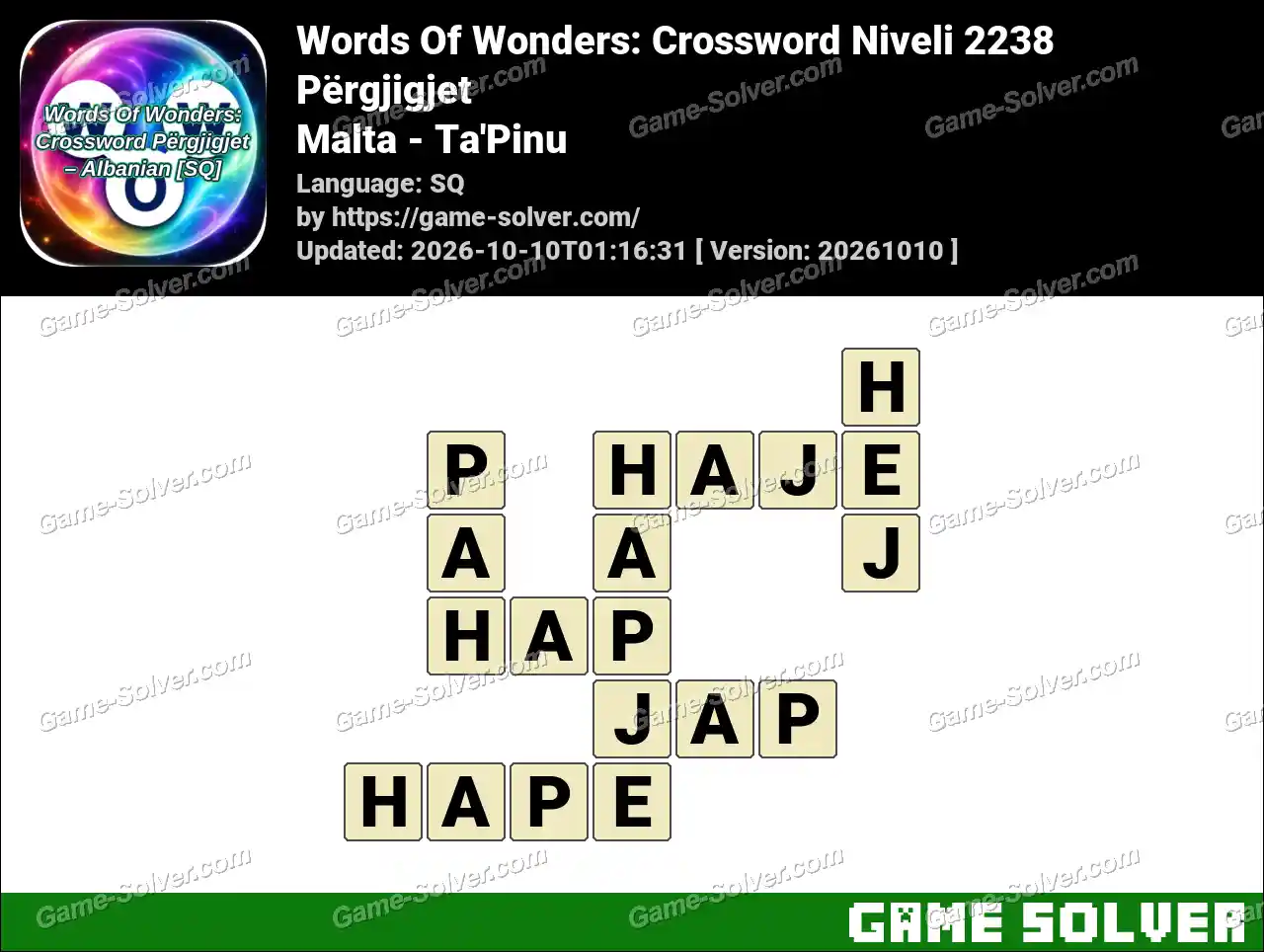 Words Of Wonders: Crossword Niveli 2238 Përgjigjet – Malta – Ta’Pinu
